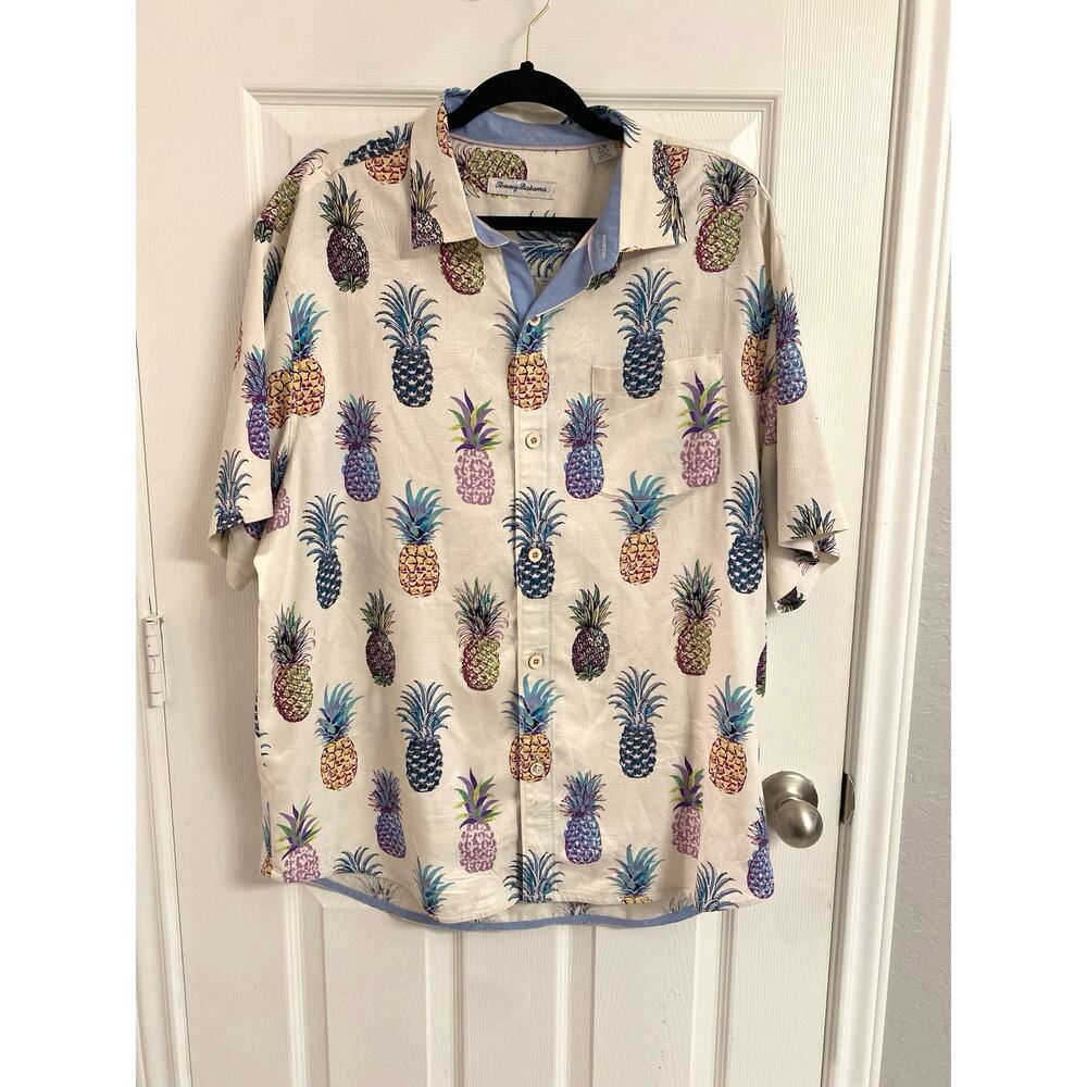 Tommy Bahama Silk Pineapple Button Down Shirt Large Pop Art Tropical
